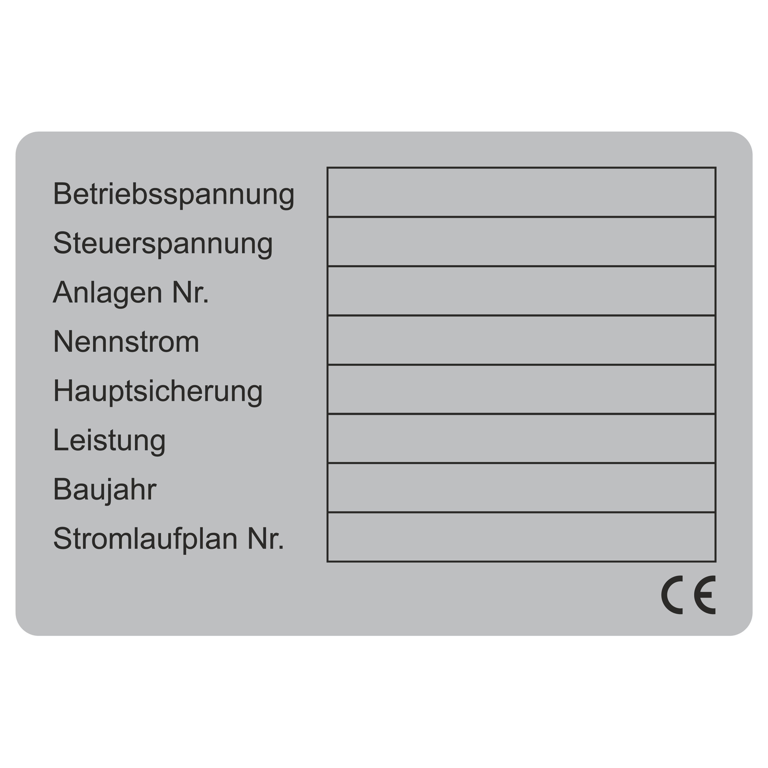 Leistungsetikett / Betriebsspannung_Steuerspannung_Anlagen Nr._Nennstrom_...
