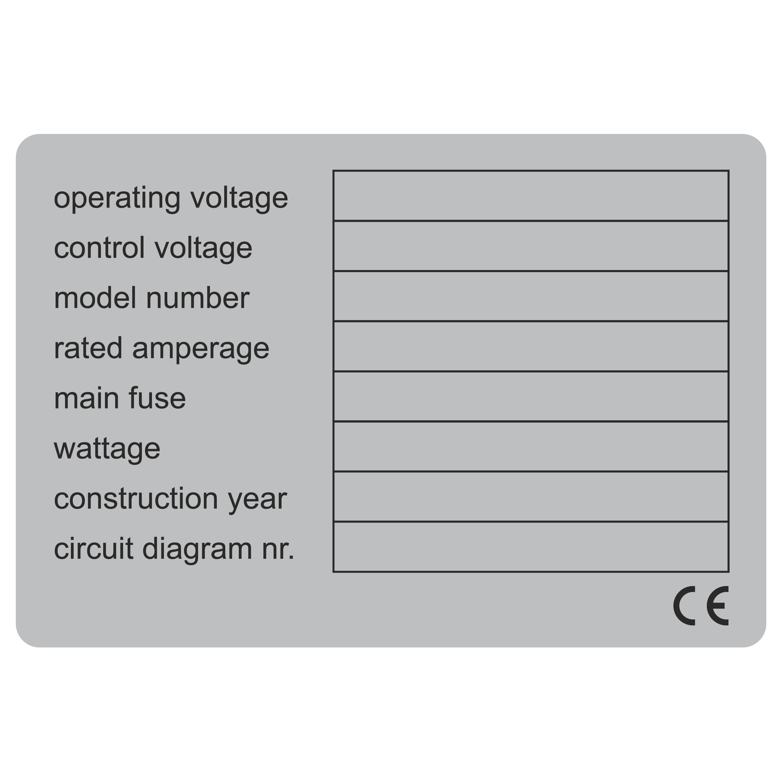 Leistungsetikett / Betriebsspannung_Steuerspannung_Anlagen Nr._Nennstrom_...