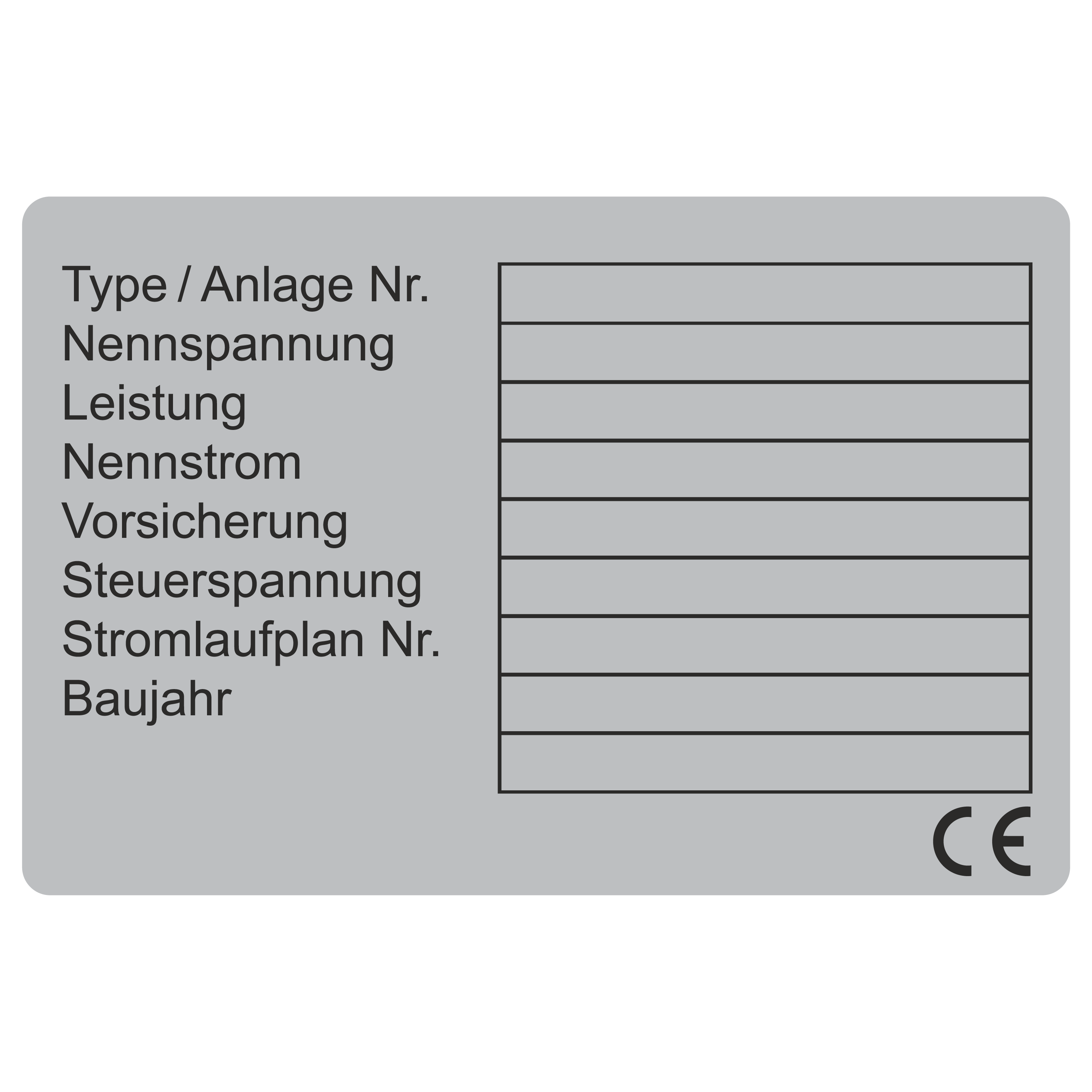 Leistungsetikett / Type_AnlagenNr._Nennspannung_Leistung_Nennstrom_...