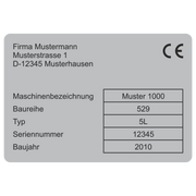 Maschinenetikett / Feld für Firma_Maschinenbezeichnung_Baureihe_Typ_Seriennummer_Baujahr