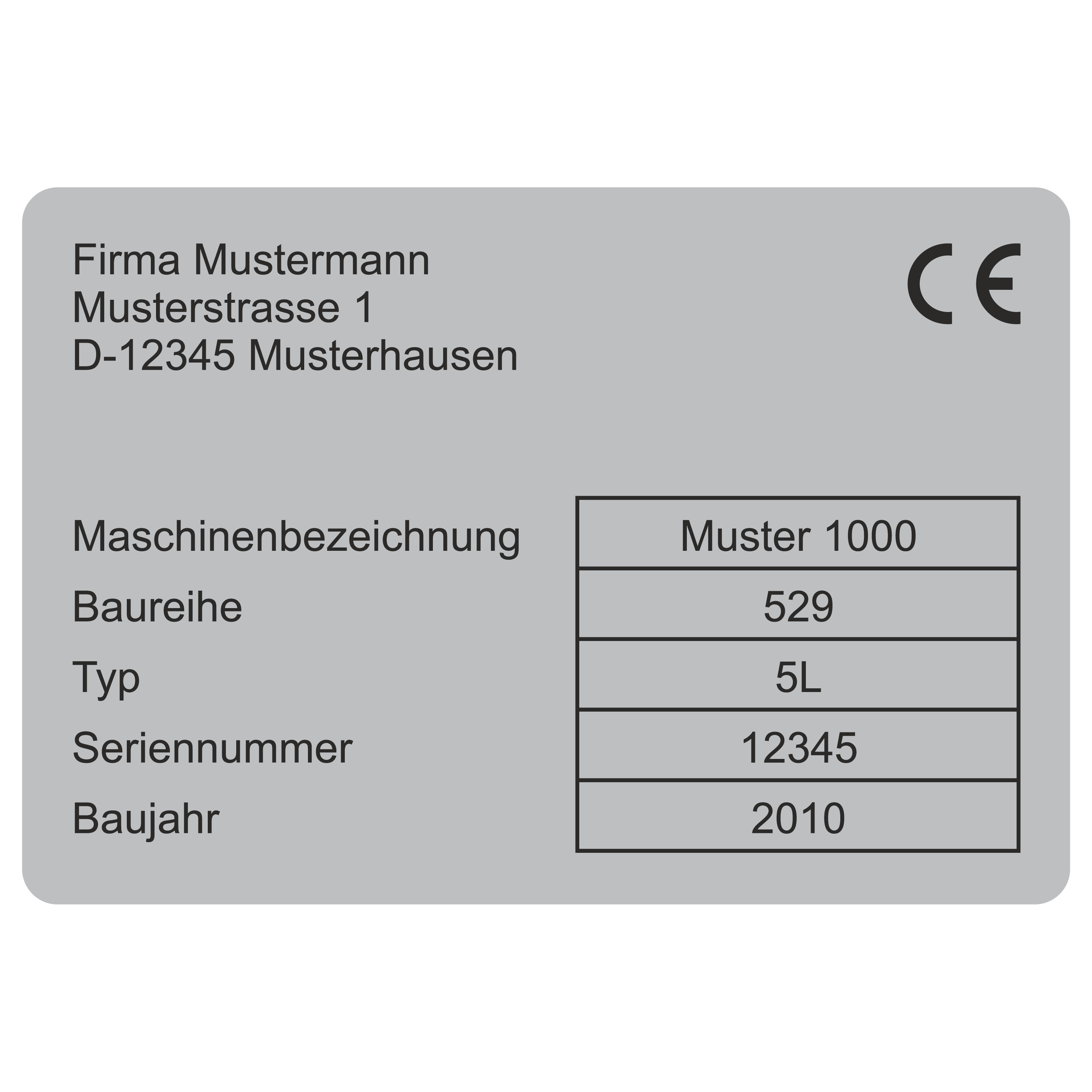Maschinenetikett / Feld für Firma_Maschinenbezeichnung_Baureihe_Typ_Seriennummer_Baujahr