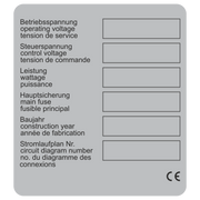Leistungsetikett / Betriebsspannung_Steuerspannung_Anlagen Nr._Nennstrom_... DE/ENG/FR