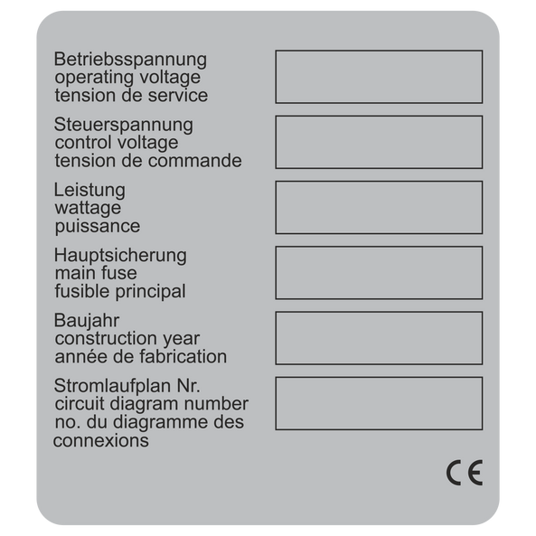 Leistungsetikett / Betriebsspannung_Steuerspannung_Anlagen Nr._Nennstrom_... DE/ENG/FR