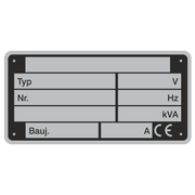 Maschinenetikett / Typ_Baujahr_Nr_V_HZ_kVA_CE