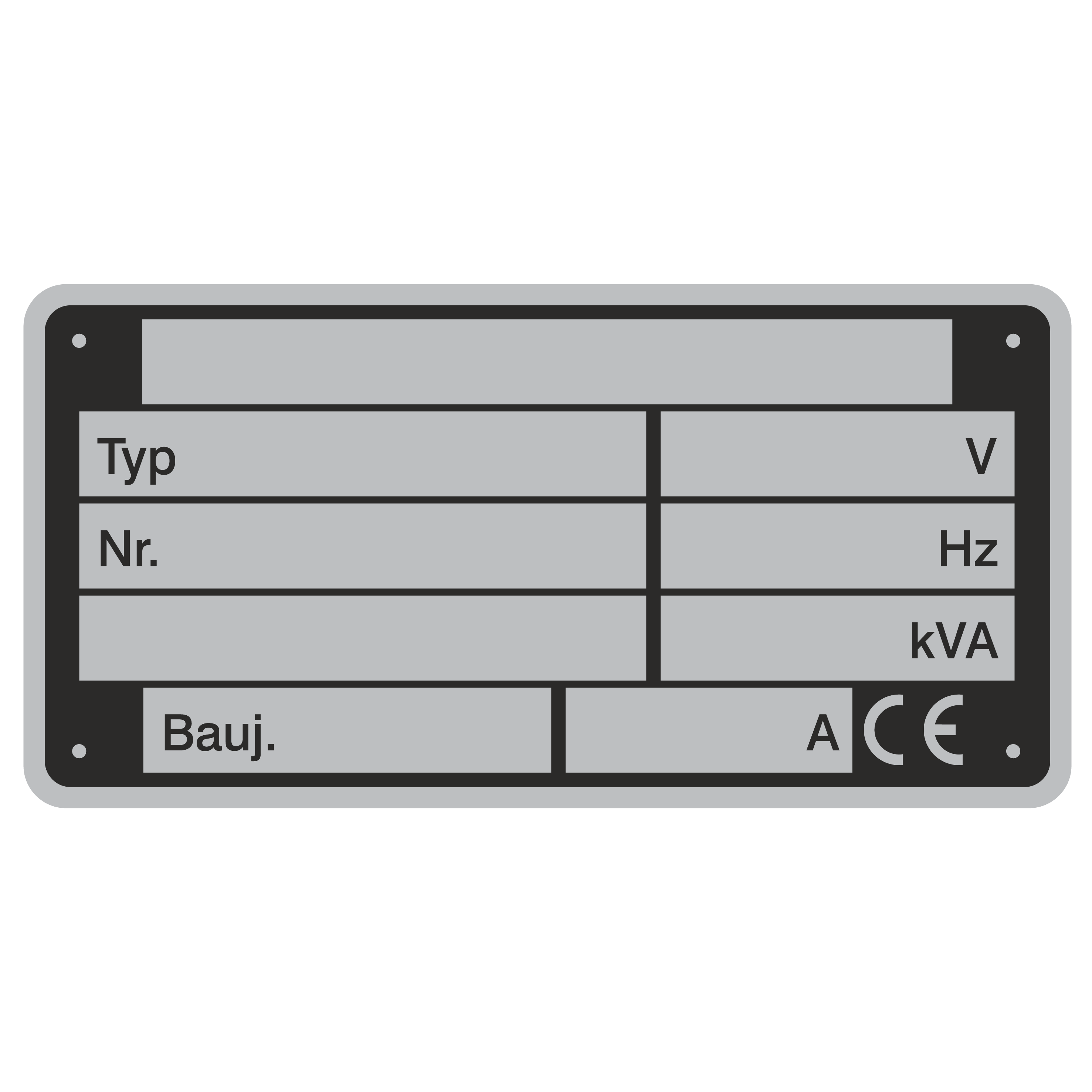Maschinenetikett / Typ_Baujahr_Nr_V_HZ_kVA_CE
