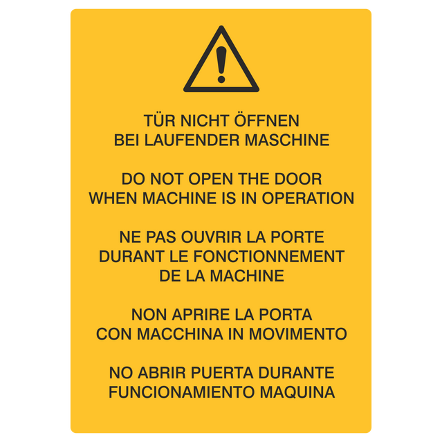 Betriebskennzeichnung / Tür nicht öffnen bei laufender Maschine DE/ENG/FR/IT/ES